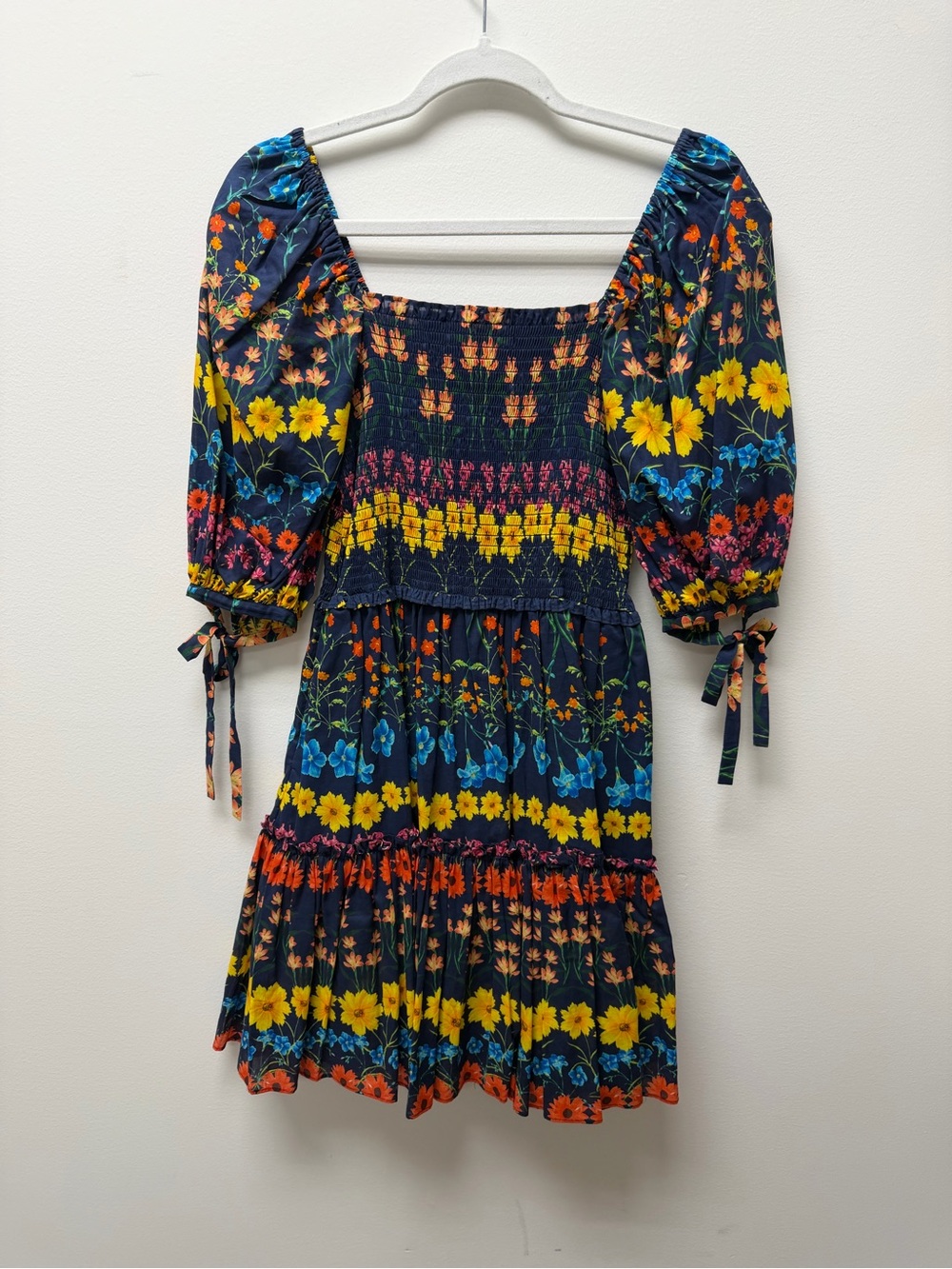 Cara Cara Navy Floral Smocked Mini Dress with Yellow & Blue Blooms